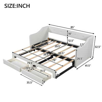 Twin XL to King Size Upholstered Daybed with Linen Fabric, 2 Storage Drawers, Extendable Platform Bed with Foam-Padded Back and Armrests, Sturdy Pine and MDF Frame, Sofa Bed for Users, Beige