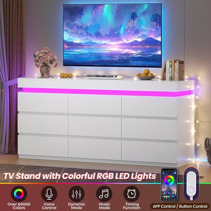 HAUOMS 9-Drawer Dresser - Modern White Chest with LED Light for Bedroom, Living Room & Entryway