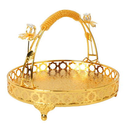 GLOGLOW Vintage Round Fruit Tray with Handle, 10.2 Inch Metal Dessert Platter Gold Cupcake Stand for Wedding Birthday Party Afternoon Tea Candy Cookies