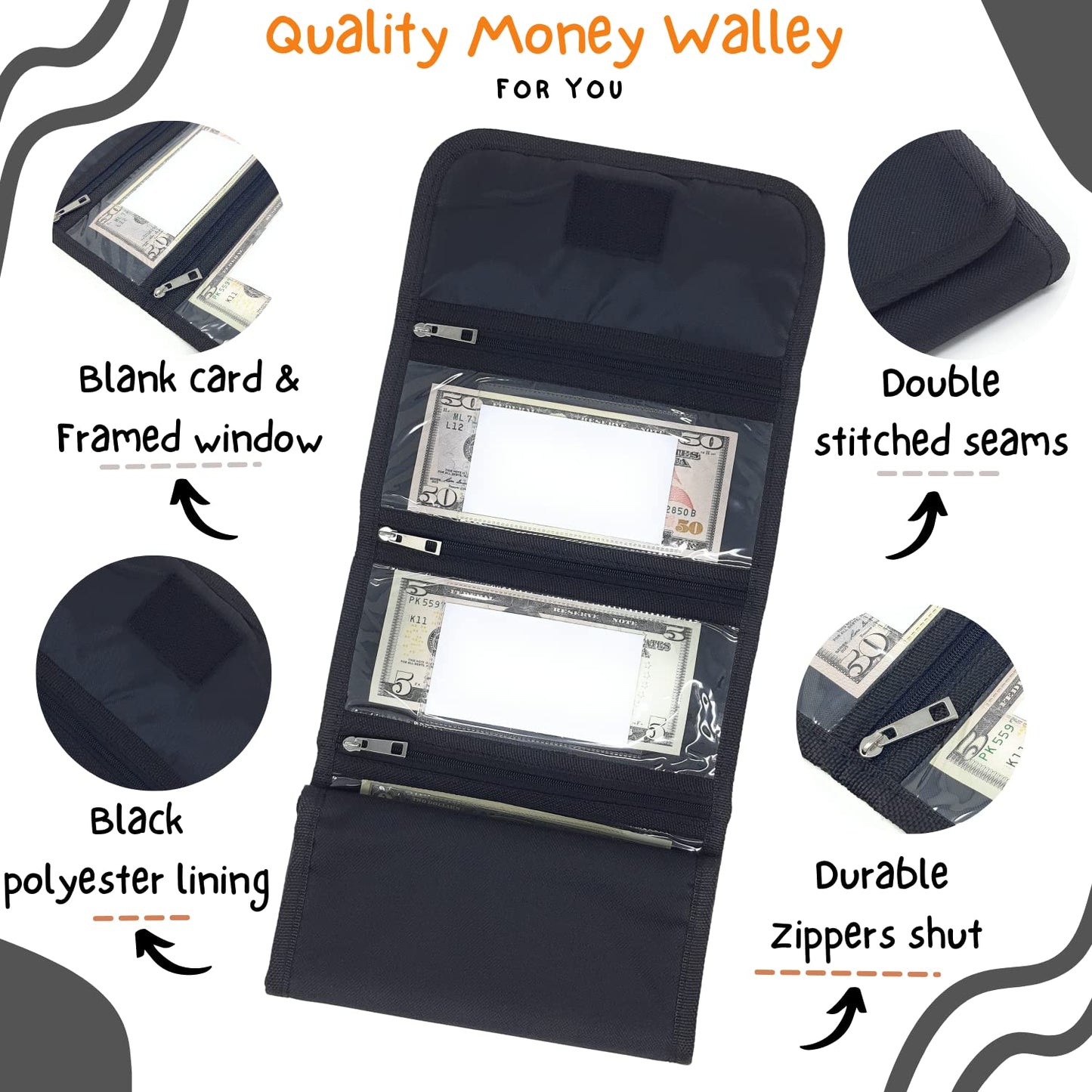 Money organizer for cash 7 slots money holder with blank card, Cash holder wallet organizer for Budgeting, Traveling, Saving, Receipts, Coupons and Tips (Black)