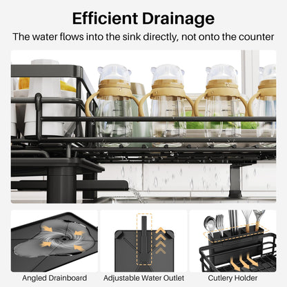 SNTD Dish Drying Rack - Extendable Dish Rack, Large Sink Drying Dish Drainer for Kitchen Counter, Stainless Steel Dish Strainer with Utensil Holder (Black)