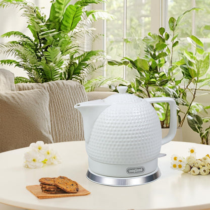 LONGSEED Electric Kettle, 1.2L Ceramic Tea Kettle with embossed design, BPA-Free,1500W Water Boiler with LED Light, Auto Shut-Off and Boil-Dry Protection,Pure white relief sculpture