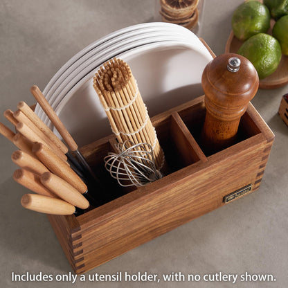 SANOSY Acacia Wood Utensil Holder, Paper Plate Dispenser Organizer for Countertop - 4 Compartment Silverware Caddy for Friendsgiving Party - Cutlery Holder for Cup, Fork, Spoon, Kitchen, Camping