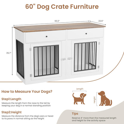 Dog Crate Furniture for 2 Dogs, 60" Farmhouse Dog Kennel Furniture with 2 Large Drawers, Indoor Dog Cage & TV Stand, Wooden Double Dog Crates for Small Medium Dogs, White