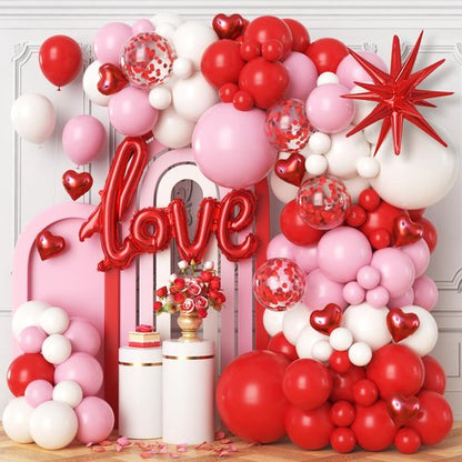 ESAG Valentines Day Balloon Arch Kit, Pink Red White Balloon Garland with 32" LOVE/ 22"Explosion Star/ 5" Heart Foil Balloon for Galentines Mothers Day Wedding Engagement Anniversary Party Decorations