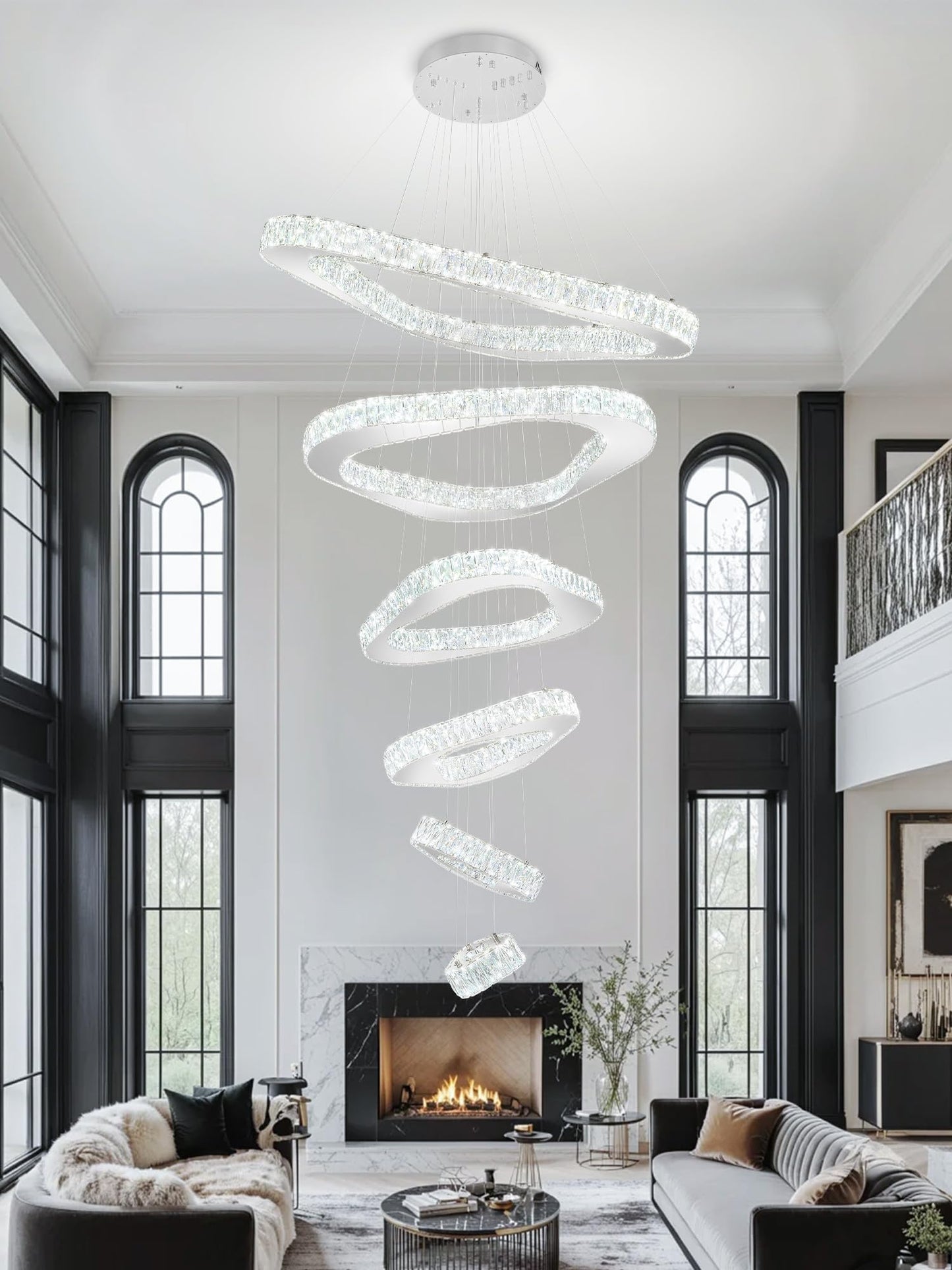 ykolupty H138 Modern Large Chandelier for High Ceiling 6-Rings Chandelier with LED Dimmable Crystal Ring Pendant Light High Ceiling Chandeliers for Living Room Foyer Entryway Silver Hanging Light