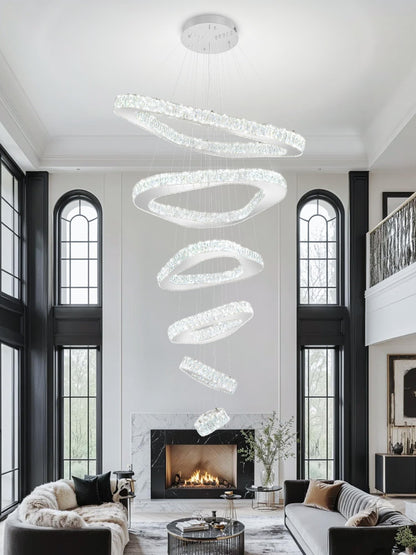 ykolupty H138 Modern Large Chandelier for High Ceiling 6-Rings Chandelier with LED Dimmable Crystal Ring Pendant Light High Ceiling Chandeliers for Living Room Foyer Entryway Silver Hanging Light