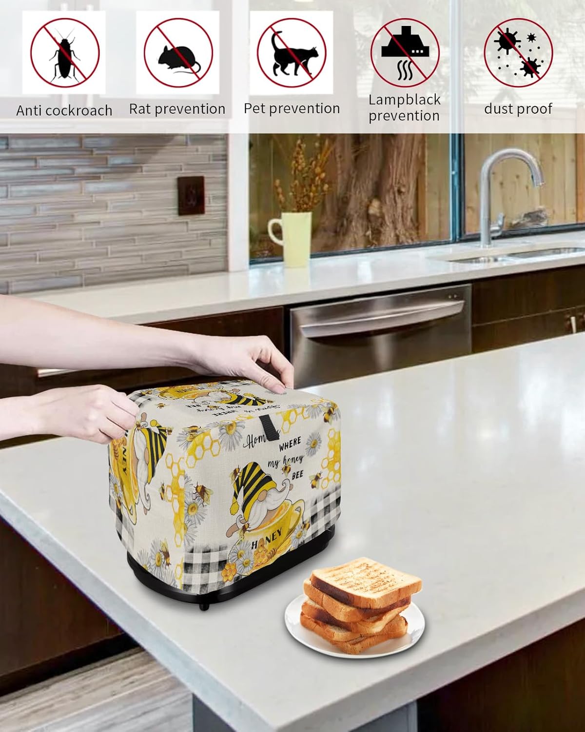 Honey Gnomes Toaster Cover, 4 Slice, Spring Floral Yellow Summer Bee Black Plaid, Dust Cover