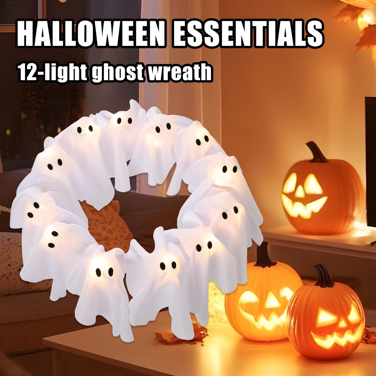 LED Light-Up Halloween Ghost Wreath, 12 Glowing White Ghost Garland, Halloween Ghost Wreath, Spooky Indoor & Outdoor Hanging Decoration for Front Door, Wall, Party