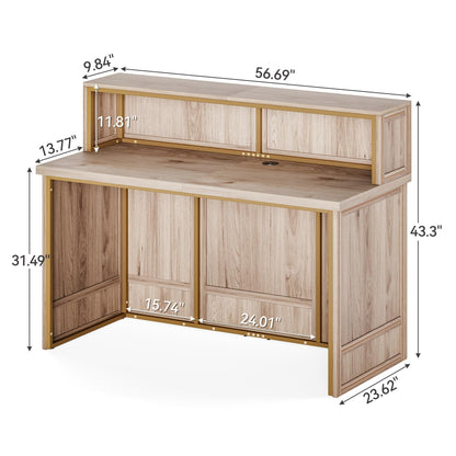 LITTLE TREE 57-Inch Reception Counter, Boho Style Front Desk, Modern Checkout Counter, Reception Desk for Retail, Lobby, Salon, Office, Oak