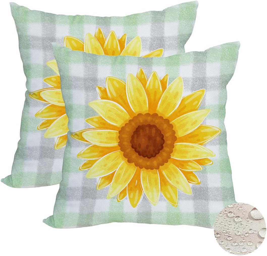 2 Pack Waterproof Sunflower Pillow Covers, 16x16 Inch Green Buffalo Plaid Yellow Floral Throw Cases for Outdoor Decor