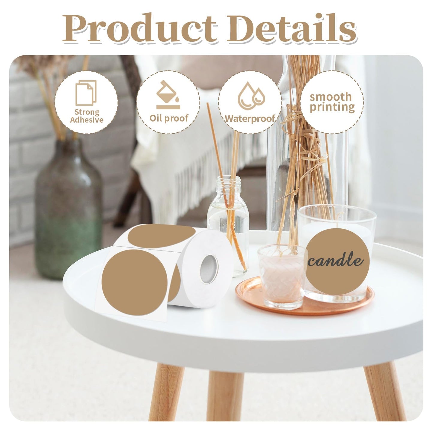 Thermal Label,3 Inch Brown Round Thermal Printer Sticker,Self-Adhesive Round Direct Thermal Labels,Thermal Stickers for DIY Logo Design,Name Tag (300 Labels/1 Roll)