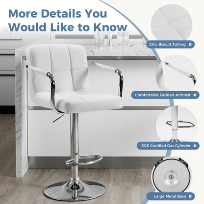DUMOS Bar Stools Set of 4, Adjustable Swivel Bar Chairs with Padded Armrests and Ergonomic Backrest for Kitchen Island Counter Pub Dining Room, Water-Resistant PU Leather, White
