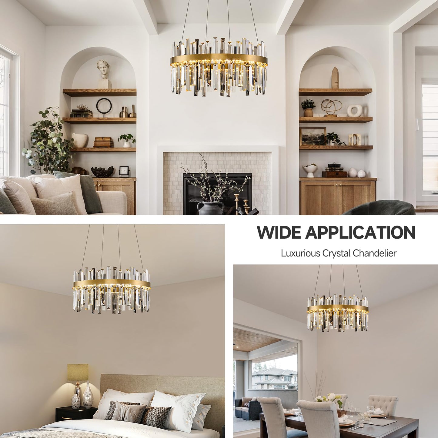 Gold Led Modern Crystal Chandelier: 19.7" Round Contemporary 3 Color Dimmable Dining Room Light Fixture over Table - Smoke Grey & Clear Crystals Chandeliers for Bedroom Living Kitchen Entryway Foyer