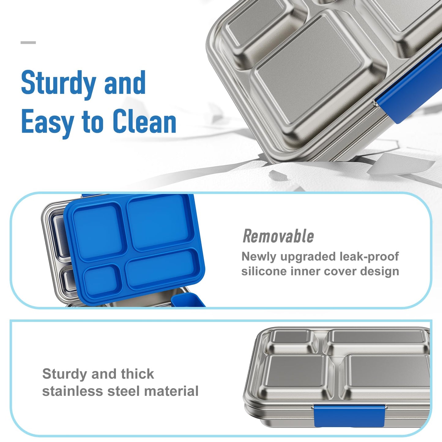 BABHAMNESS Stainless Steel Kids Bento Lunch Box, 4-Compartments with Silicone Container, Dishwasher-Safe, Child-Friendly Design for School and Travel,BPA-Free(Blue)