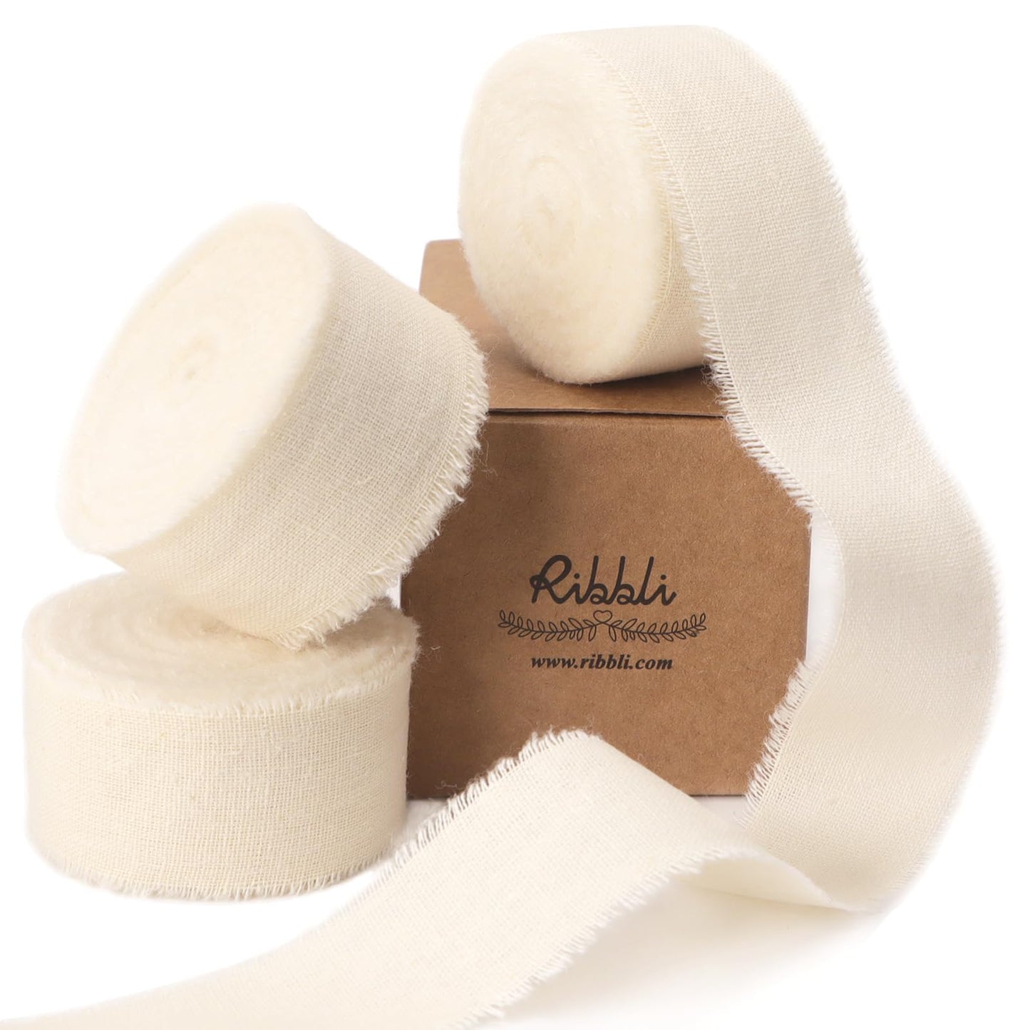 Ribbli 3 Rolls Ivory Ribbon 1 Inch x 18 Yards Cream White Handmade Cotton Frayed Fringe Ribbons for Wrapping Wedding Invites Bridal Bouquets Baby Shower DIY Crafts Home Decor