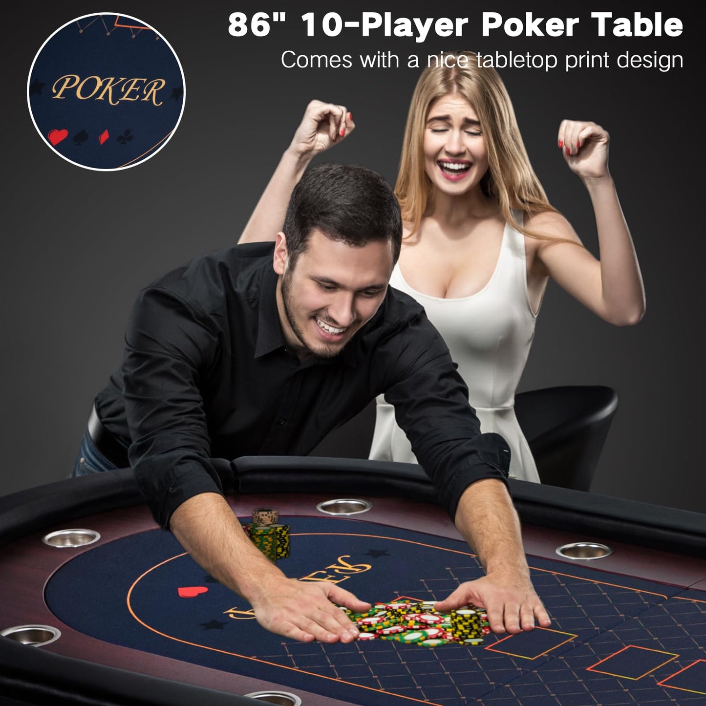 REAHOISY 10 Player Foldable Poker Table, 86" Large Professional Folding Texas Holdem Poker Card Table, Portable Casino Table for Game Room with Padded Rails & Cup Holders