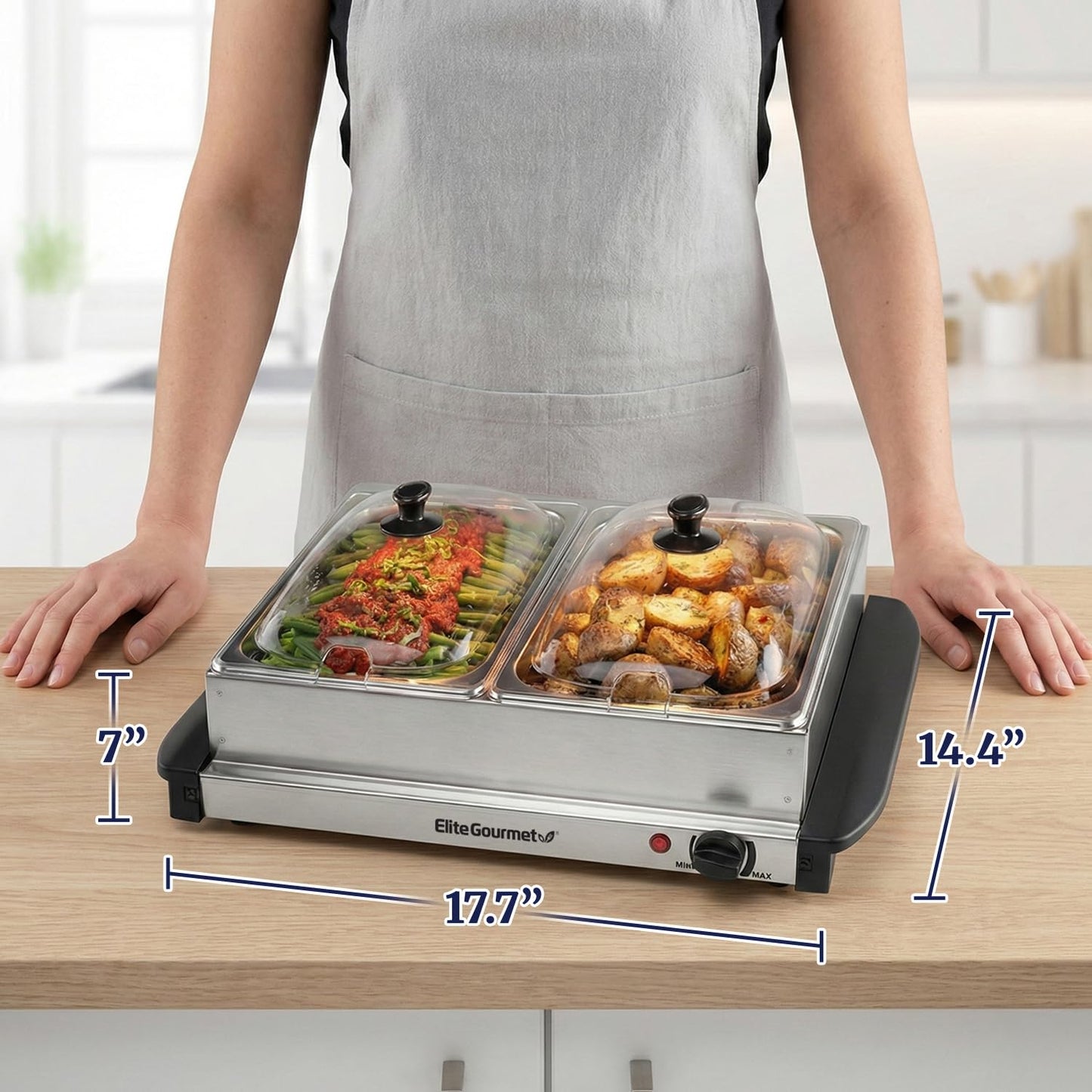 Elite Gourmet EWM-6122 Dual 2 x 2.5 Qt. Trays, Buffet Server, Food Warmer Temperature Control, Clear Slotted Lids, Perfect for Parties, Entertaining & Holidays, 5 Qt Total, Stainless Steel