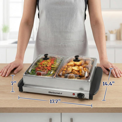 Elite Gourmet EWM-6122 Dual 2 x 2.5 Qt. Trays, Buffet Server, Food Warmer Temperature Control, Clear Slotted Lids, Perfect for Parties, Entertaining & Holidays, 5 Qt Total, Stainless Steel