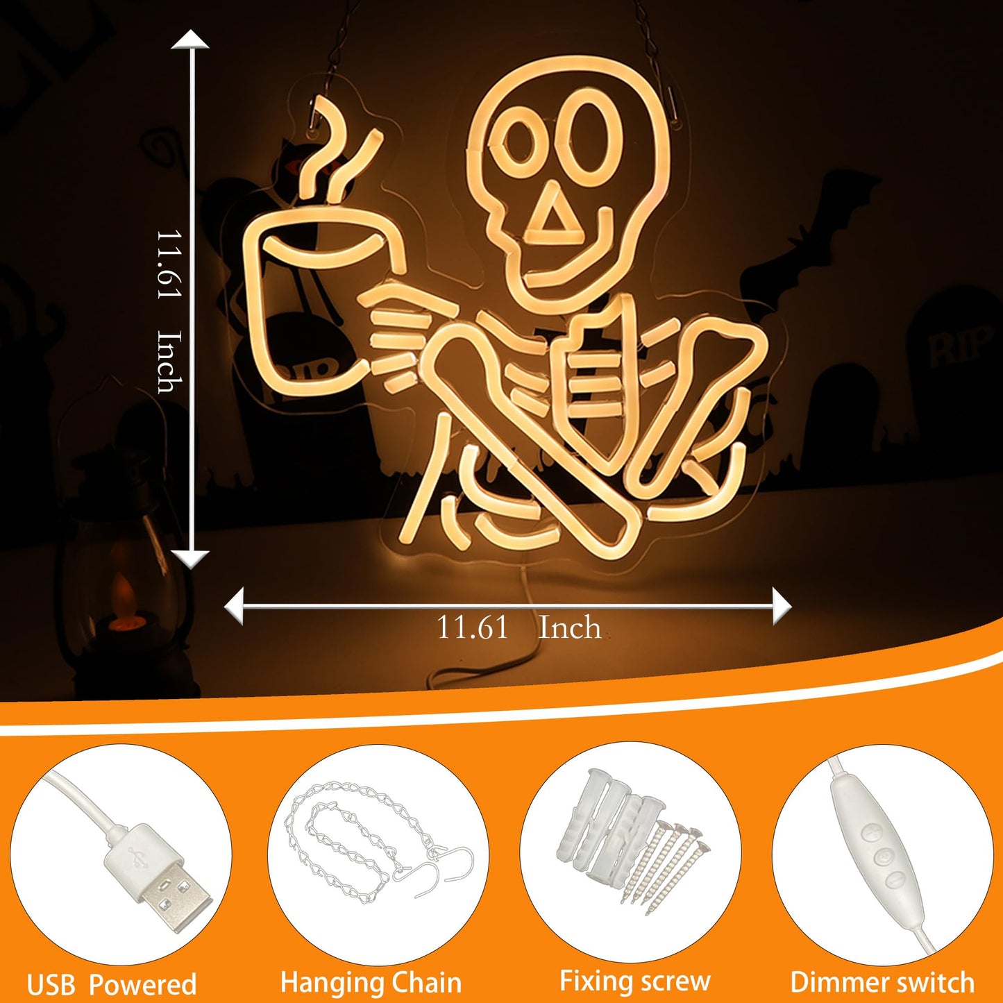 Coffee Skeleton Neon Sign for Wall Decor,Halloween Neon Light Sign Skull Lamp for Halloween Party Decorations