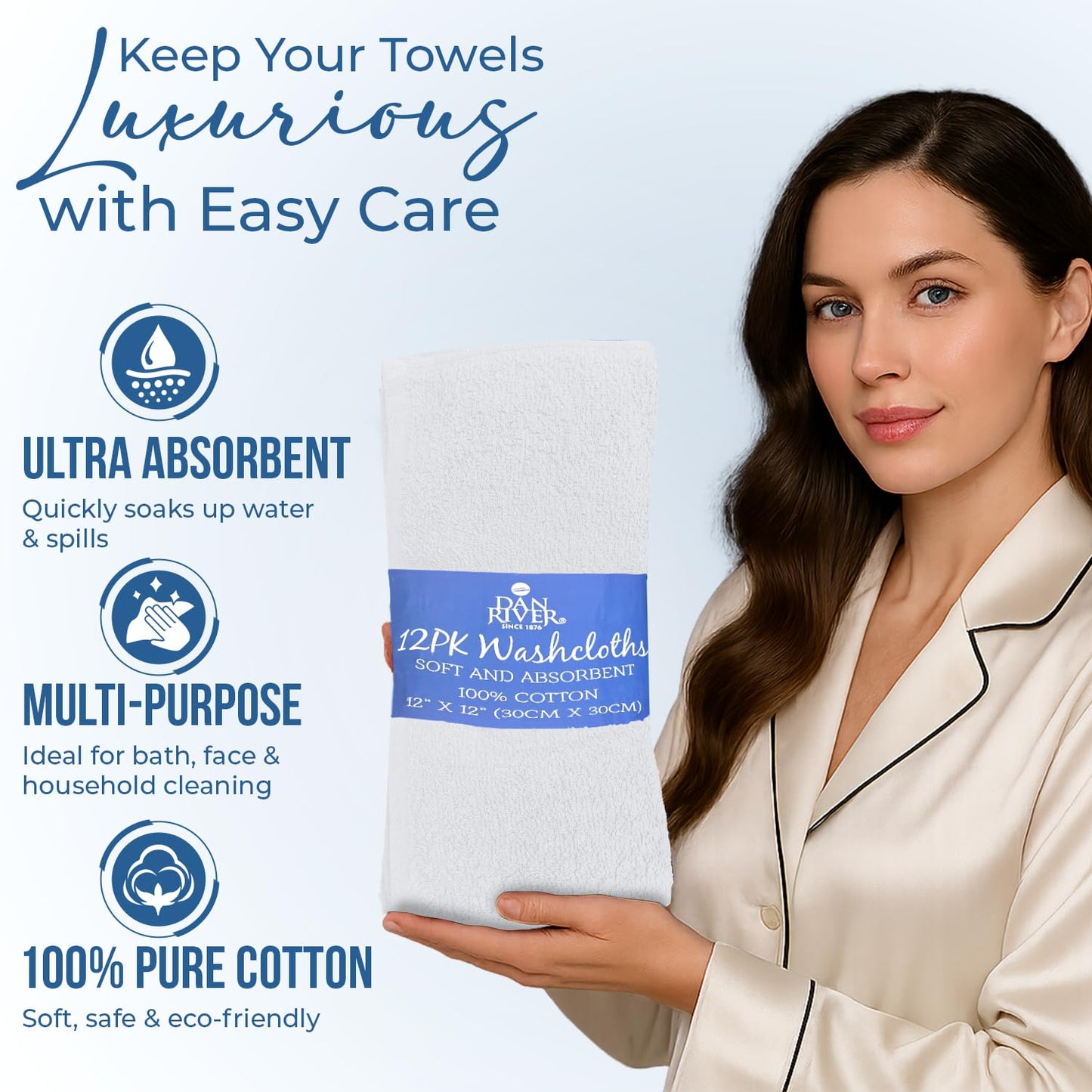 DAN RIVER 24 Pack Wash Cloths for Showering [12x12] - 100% Cotton Washcloths Premium Quality Flannel Face Cloths for Bathroom, Highly Absorbent and Soft Feel Wash Clothes, White