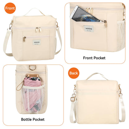 Voova Lunch Bag for Women, Insulated Lunch Box with Shoulder Strap, Adult Reusable Lightweight Nylon Waterproof Lunchbox Lunch bags for Work, Beige