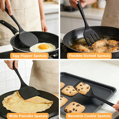KoudHug Silicone Spatula Turner Set, 600°F High Heat Resistant Spatulas for Cooking, BPA Free, Large Flexible Kitchen Utensils Flipping Eggs, Pancakes, Fish, Burgers, Dishwasher Safe (4 Pack, Black)