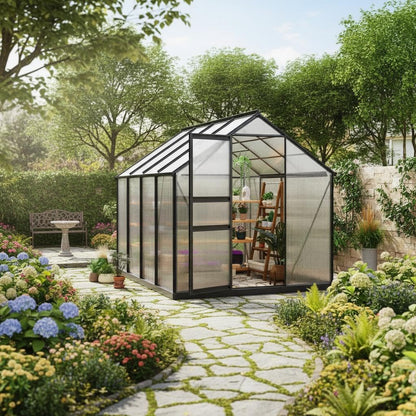 Garvee 6x8 FT Outdoor Greenhouse - Quick Setup Structure, Polycarbonate with Lockable Door, 2 Roof Vents, Aluminum Walk-in Heavy Duty, Perfect for Garden Backyard