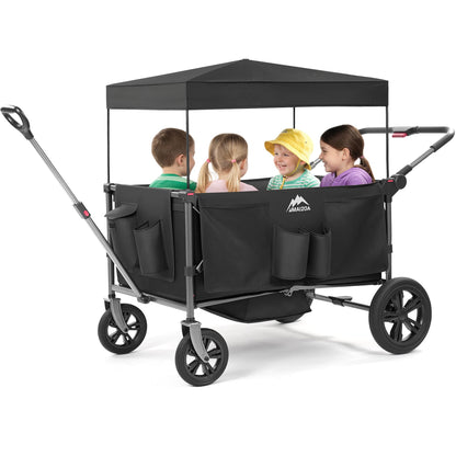 MAIZOA 4 Seater Foldable Wagon Stroller & Cargo,with 5-Point Harnesses,Adjustable Push/Pull Handle, Removable Sun Canopy, One-Step Locking Design, Suitable for Family Travel, 4 Children Ride, Gift