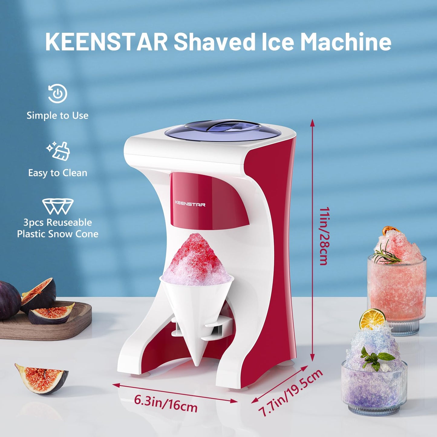 Shaved Ice Machine with 3 Reusable Plastic Cups, Table-Top Slushie Machine for Homemade Snow Cone, Snowballs, Frozen Cocktails and More, with Non-Slip Mat & Stainless Steel Blade