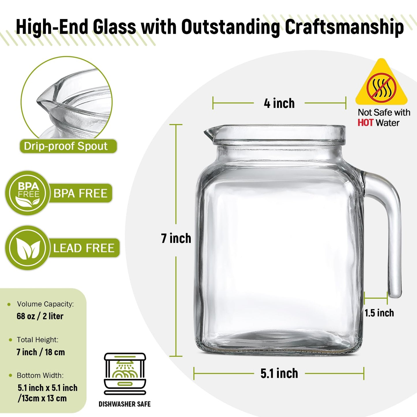 68 Oz Seal Pitcher With Lid and Spout, Large Iced Tea Pitcher for Fridge, Wide Mouth Glass Jar Container for Homemade Juice & Iced Tea, Iced Coffee, and Drinks