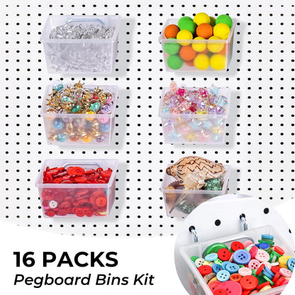 mekueeex 16 Set Clear Peg Board Bins and Baskets Pegboard Organizer Accessories with Hooks Pegboard Containers Wall Sticker Label and Pen for Craft Storage Tool Organizer Garage Storage