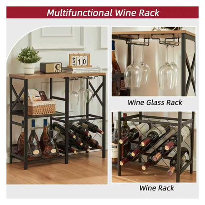 MNEETRUNG Wine Bar Cabinet, Rustic Freestanding Wine Rack with Glass Holder and Fence, Bar Cabinet with 2 Tier Storage, Liquor Shelf for Home Bar, Rustic Brown