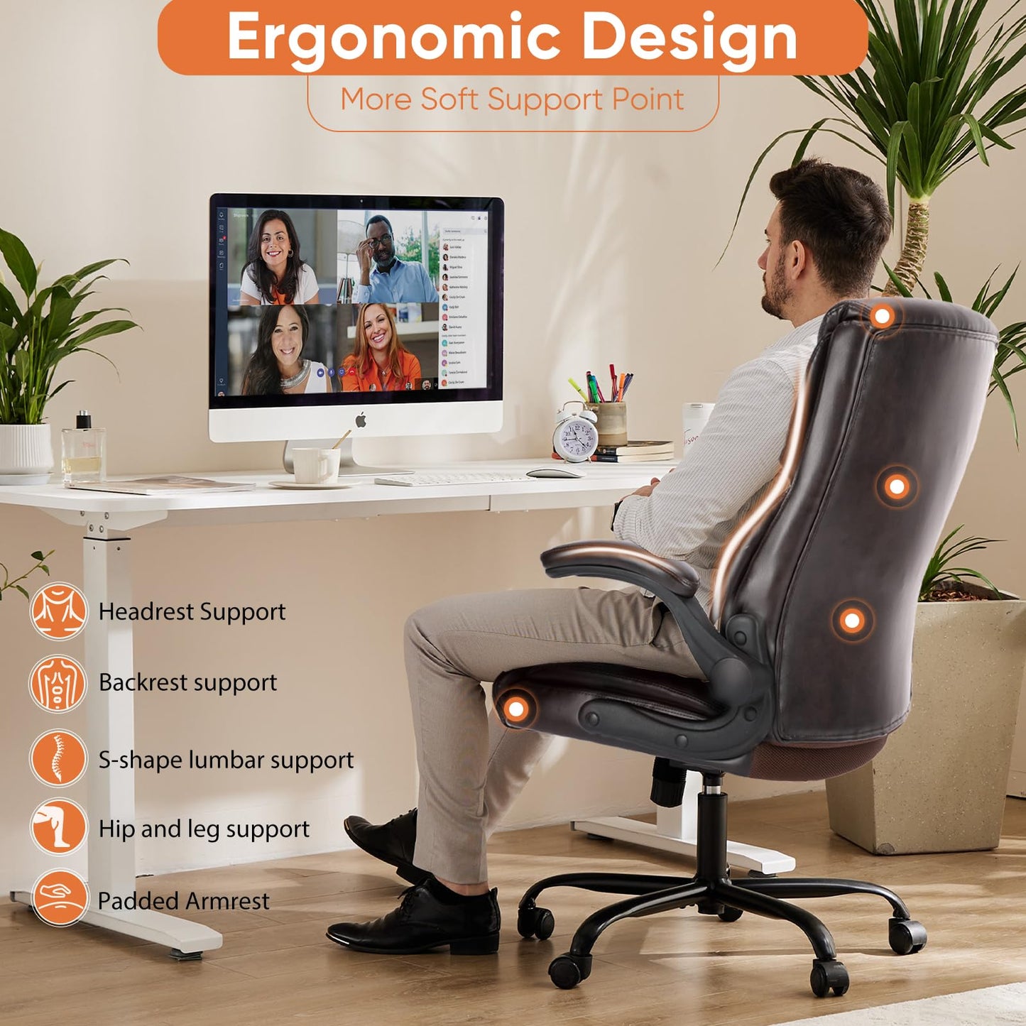 Sweetcrispy Ergonomic Computer Gaming Office Chair Set of 2, Heavy Duty Task Desk Swivel Rolling Chairs with Wheels, Flip-up Arms, Adjustable Height, PU Leather,Dark Brown