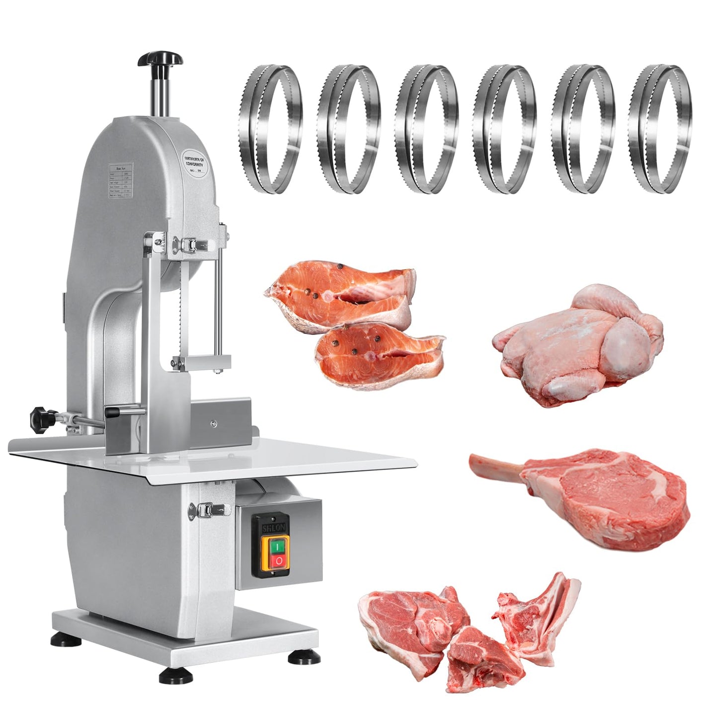 Commercial Electric Meat Bone Saw Machine, Kitchen Frozen Food Processor, Adjustable Thickness 0.6-5.9”, Butcher Band Saw with 20x15” Work Table for Chicken Fish Beef Bread