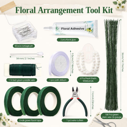 Poola Voidra Floral Arrangement Tools Floral Tape Wire Set Adhesive Glues Boutonniere Flower Pin Stem Cutter Elastic Pearl Wrist Corsage Band White Ribbon Kit for Wedding Corsage Supply Bouquet Craft