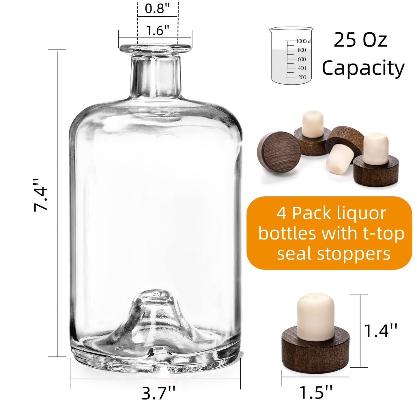 WRINGKIT 4 Pack Glass Liquor Bottles, 25 Oz Clear Wine Bottles with T-Top Cork Stopper, Heavy Base Vodka Whiskey Bottle Dispenser for Beverages, Drinks, Oil, Vinegar, Kombucha Beer