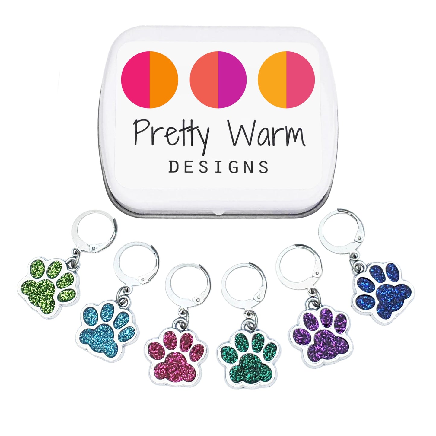 Pretty Warm Designs Sparkly Paw Print Crochet Stitch Markers - Dog and Cat Pet Lover Progress Keepers for Amigurumi - Set of 6 Handmade Accessories in Hinged Storage Tin