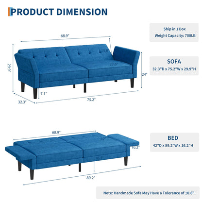 IDEALHOUSE 89" Futon Sofa Bed, Convertible Sleeper Sofa with Adjustable Backrest & Armrest, Modern Futon Couch Bed, Loveseat Sleeper for Living Room Bedroom Apartments, Blue