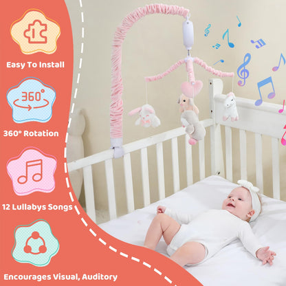 JOLLITO Crib Mobile for Girls, Soft Pink Musical Baby Crib Mobile with 12 Lullabies, Rotating Arm and Detachable Plush Animal Toys, Nursery Decor Baby Mobile for Crib Toys Bassinet