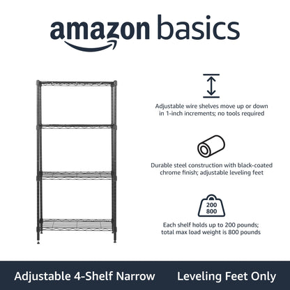 Amazon Basics 4-Shelf Steel Wire Storage Shelves for Garage, Adjustable Metal Shelving Unit, 200 lbs Per Shelf, 23.2" W x 48" H x 13.4" D, Black