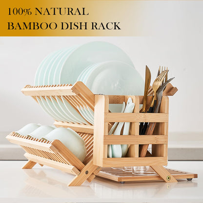 KAEASOUS Foldable Bamboo Dish Rack, 3-Tier Wooden Dish Drainer & Utensil Holder for Kitchen - Large Countertop Drying Rack for Dishes and Plates, Natural Compact Storage