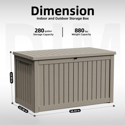 KFY 280 Gallon Outdoor Storage Box Waterproof, Resin Lockable Deck Box with Lid, Large Capacity Weatherproof Container for Patio Furniture Pool Accessories, Cushions(Grey, 280 Gallon)