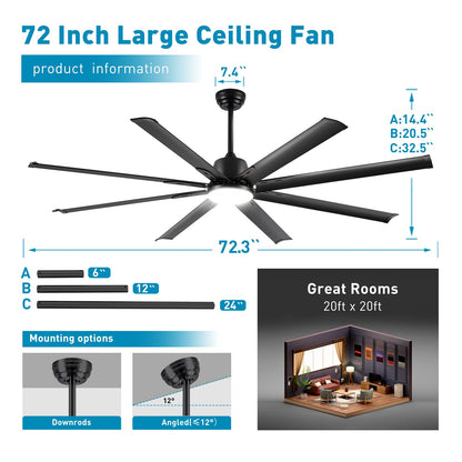 72 lnch lndustrial Smart Celing Fan with Light and Remote Control via WIFI Alexa,Large Celing Fan with 8 Black Aluminum Blades,6 Speed Noiseless DC Motor,Indoor Outdoor Ceiling Fans for Patio Garage