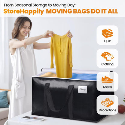 StoreHappily Heavy-Duty & Extra Capacity Moving Bags with Backpack Straps, Storage Totes with Double Zipper & Strong Handles, Packing Bags Alternative to Moving Boxes, Moving Supplies (6 Pack, Black)