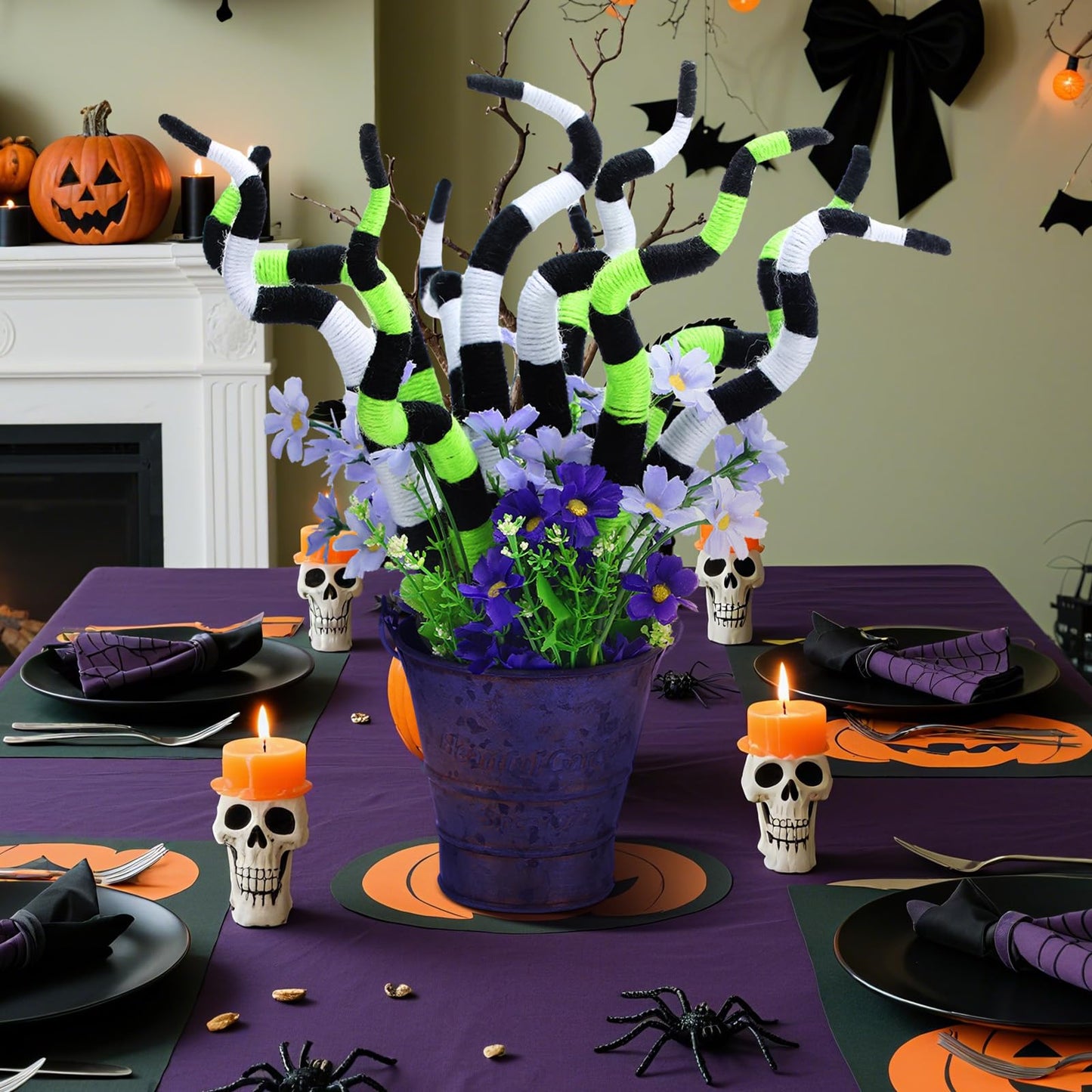 Yalikop 16 Pcs 14 inch Halloween Decoration Halloween Plant Stakes Spooky Nightmare Worms Black and White Striped Plant Tentacle Picks for Front Porch Lawn Garden Decor
