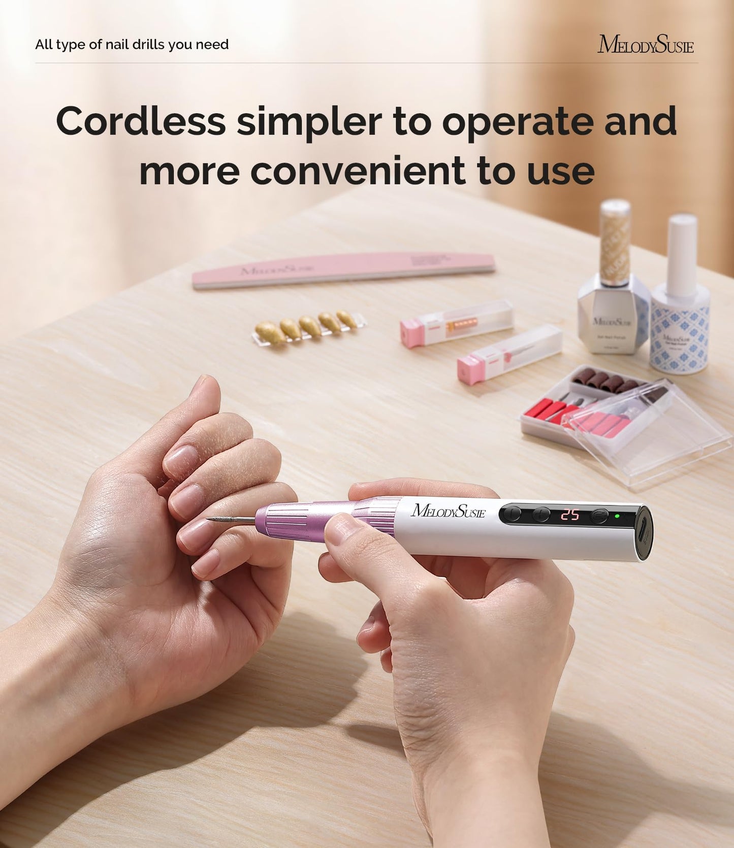 MelodySusie Cordless Nail Drill, PC180E 25,000RPM Rechargeable Eletric Nail File with Nail Drill Bits, Sanding Bands for Home Using