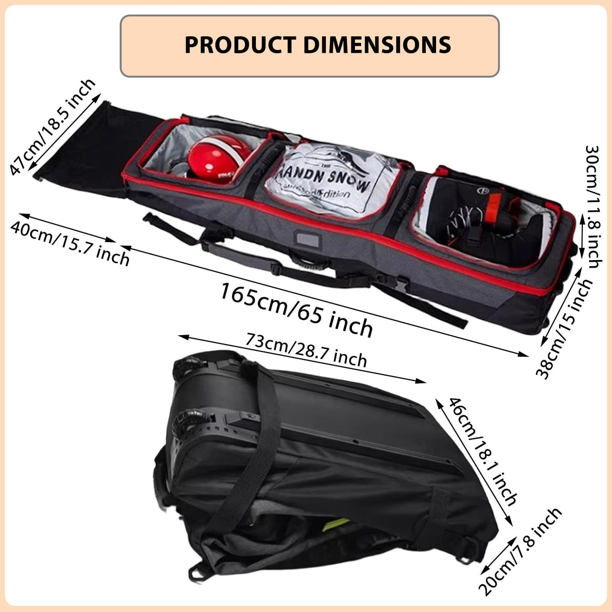 Padded Snowboard Bag with Wheels, Heavy-Duty Wheeled-Ski Travel Bag, Storage Ski Board Boots, Helmet, Jacket for Flying Air Travel, 65 Inch (Extendable to 80.7 Inch),Red