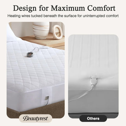 Beautyrest Cotton Blend Heated Mattress Pad Secure Comfort Technology - Luxury Quilted Electric Mattress Pad with Deep Pocket - 5-Setting Heat Controllers, Twin XL , White