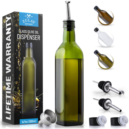 Zulay 17oz Olive Oil Dispenser Bottle – Glass Oil Cruet with Spout, Funnel & Pourers, Easy-Pour Decanter for Kitchen Cooking and Serving (Green)